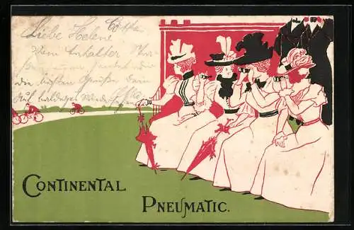 Künstler-AK Reklame für Continental Pneumatic, Damen mit Ferngläsern, Fahrrad