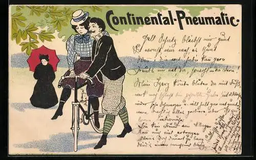 AK Reklame für Continental-Pneumatic Fahrräder, Frau lernt das Fahrradfahren