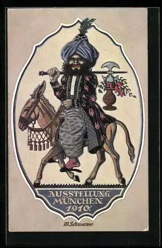 Künstler-AK München, Ausstellung 1910, Araber auf Esel, Ganzsache Bayern 5 Pfennig