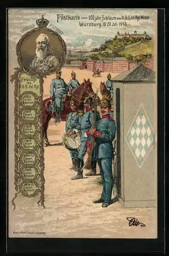 Lithographie Würzburg, Festkarte zum 100 jähr. Jubiläum des K. B. 9. Inf. Rgt. Wrede 1903, Ganzsache Bayern 5 Pfennig