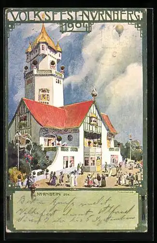 Künstler-AK H. Schwabe: Nürnberg, Volksfest 1904, Ganzsache Bayern 5 Pfennig