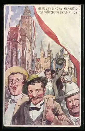 Künstler-AK Würzburg, X. Fränk. Sängerbundesfest 1904, Sänger auf der Strasse, Ganzsache Bayern 5 Pfennig