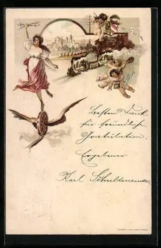 Lithographie Nürnberg, Eisenbahn in Fahrt, geflügeltes Rad, Ganzsache Bayern 5 Pfennig