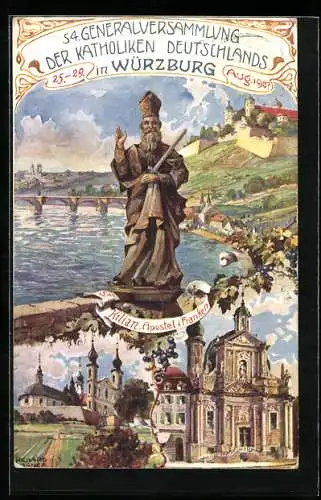 Künstler-AK Würzburg, 54. Generalversammlung der Katholiken Deutschlands 1907, St. Kilian, Ganzsache Bayern 5 Pfg.