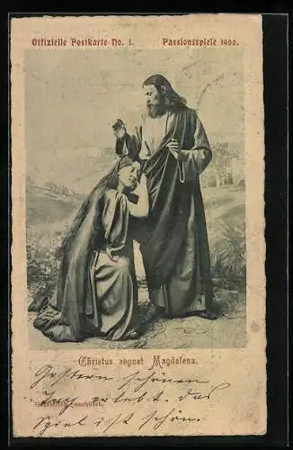 AK Oberammergau, Passionsspiele 1900, Offizielle AK No. 1, Christus segnet Magdalena, Ganzsache Bayern 5 Pfennig
