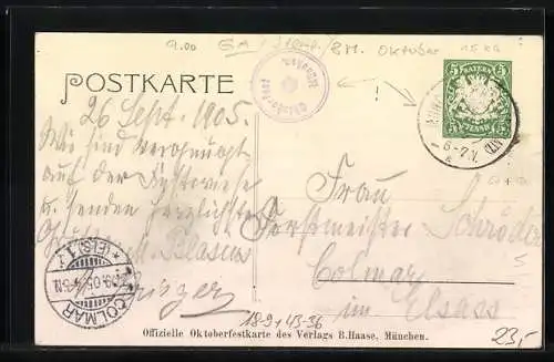 AK München, Oktoberfest 1905, Münchener Kindl, Ganzsache Bayern 5 Pfennig