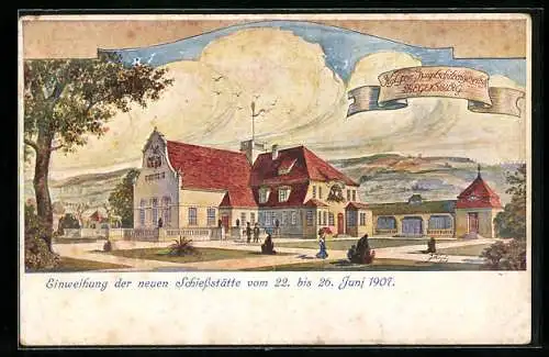 Künstler-AK Ganzsache Bayern PP15C134: Regensburg, Kgl. priv. Hauptschützenges., Einweihung der Schiessstätte 1907