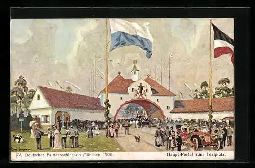 Künstler-AK München, XV. Deutsches Bundesschiessen 1906, Hauptportal zum Festplatz, Ganzsache Bayern 5 Pfennig