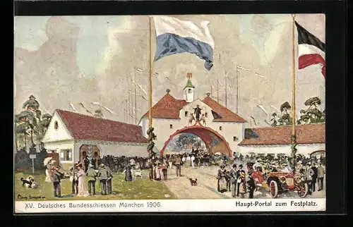 Künstler-AK München, XV. Deutsches Bundesschiessen 1906, Hauptportal zum Festplatz, Ganzsache Bayern 5 Pfennig