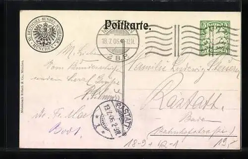 Künstler-AK München, XV. Deutsches Bundesschiessen 1906, Hauptportal zum Festplatz, Ganzsache Bayern 5 Pfennig