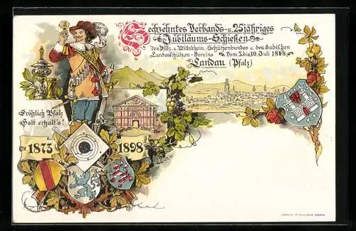 Lithographie Landau /Pfalz, 16. Verbands- und 25jähriges Jubiläums-Schiessen 1898, Ganzsache Bayern 5 Pfennig