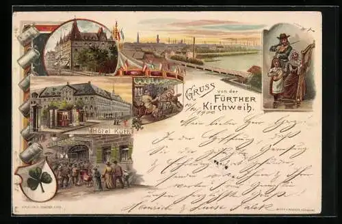 Lithographie Fürth, Volksfest Kirchweih, Hotel Kütt, Hotel National, Ganzsache Bayern 5 Pfennig