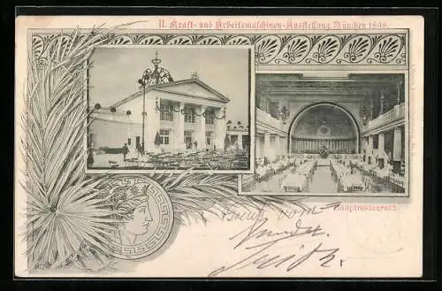 AK München, II. Kraft- u. Arbeitsmaschinen-Ausstellung 1898, Hauptrestaurant, Ganzsache Bayern 5 Pfennig