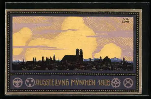 Künstler-AK München, Ausstellung 1908, Stadt im Abendlicht, Ganzsache Bayern 5 Pfennig