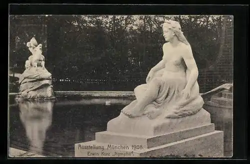 AK München, Ausstellung 1908, Statue Erwin Kurz Nymphe, Ganzsache Bayern 5 Pfennig