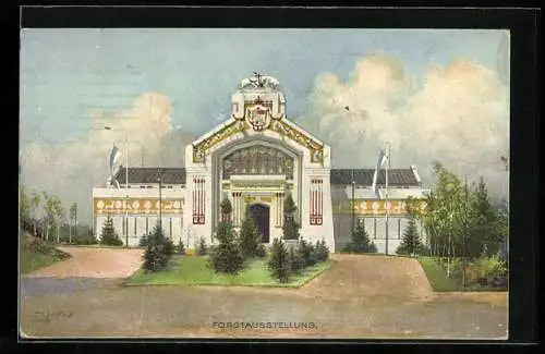 Künstler-AK Nürnberg, Bayer. Jubil.-Landes-Ausstellung 1906, Forstausstellung, Ganzsache Bayern 5 Pfennig