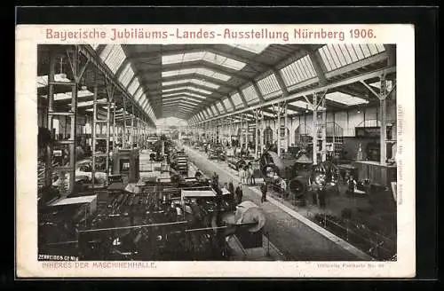 AK Nürnberg, Bayer. Jubiläums-Landes-Ausstellung 1906, Inneres der Maschinenhalle, Ganzsache Bayern 5 Pfennig