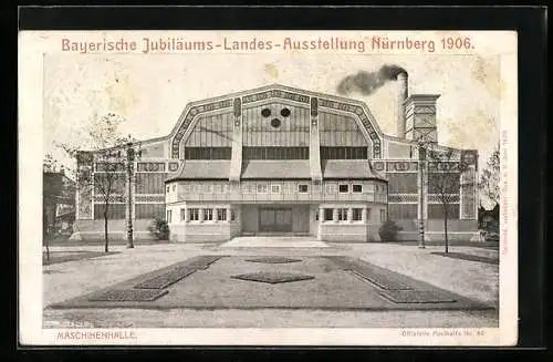 AK Nürnberg, Bayrische Jubiläums-Landes-Ausstellung 1906, Maschinenhalle, Ganzsache Bayern 5 Pfennig