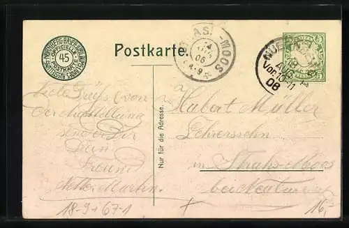 AK Nürnberg, Bayrische Jubiläums-Landes-Ausstellung 1906, Maschinenhalle, Ganzsache Bayern 5 Pfennig