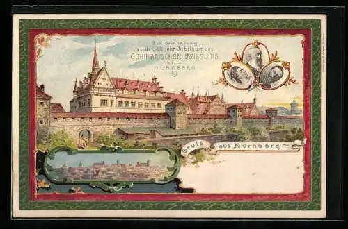 Lithographie Nürnberg, Germanisches Museum, 50 jähr. Jubiläum, Ganzsache Bayern 5 Pfennig