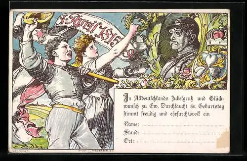 Lithographie Geburtstagsgruss an von Otto von Bismarck, Ganzsache Württemberg 5 Pfennig
