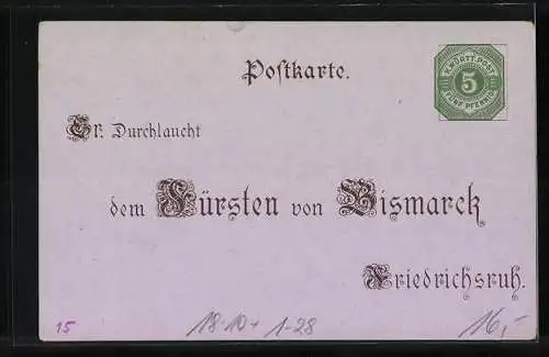 Lithographie Geburtstagsgruss an von Otto von Bismarck, Ganzsache Württemberg 5 Pfennig