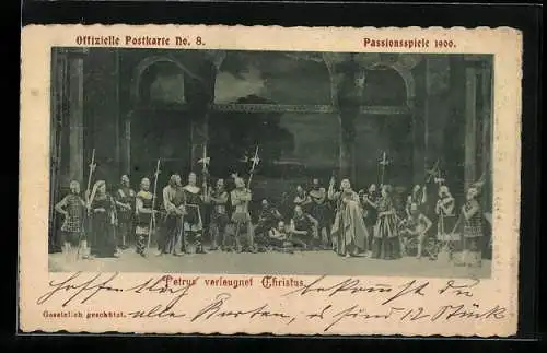 AK Oberammergau, Passionsspiele 1900, Offizielle AK No. 8, Petrus verleugnet Christus, Ganzsache Bayern 5 Pfennig