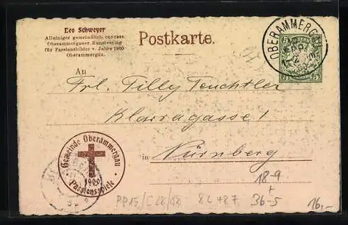 AK Oberammergau, Passionsspiele 1900, Offizielle AK No. 8, Petrus verleugnet Christus, Ganzsache Bayern 5 Pfennig