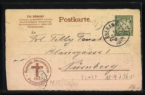 AK Oberammergau, Passionsspiele 1900, Offizielle AK No. 3, Christus segnet seine Jünger, Ganzsache Bayern 5 Pfennig