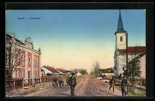 AK Csap, Utcareszlet, Synagoge und Kirche an einer Strasse