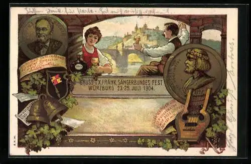 Lithographie Ganzsache Bayern PP15C67 /04: Würzburg, X. Fränk. Sängerbundesfest 1904