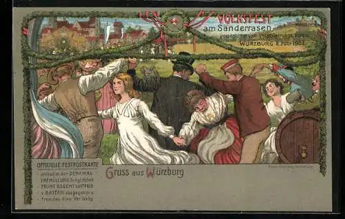 Lithographie Ganzsache Bayern PP15C51 /02: Würzburg, Volksfest am Sanderrasen 8.7.1903, Tanz