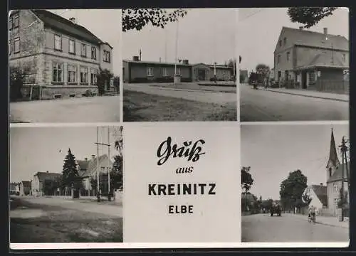 AK Kreinitz /Elbe, Strassenpartien mit Kirche und Kutsche