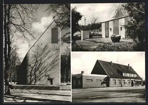 AK Hassbergen /Nienburg, Kauf- und Gasthaus Mönch, Kirche und Denkmal