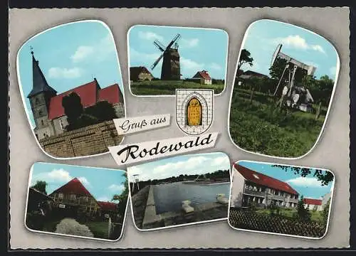 AK Rodewald, Kirche, Windmühle und Freibad