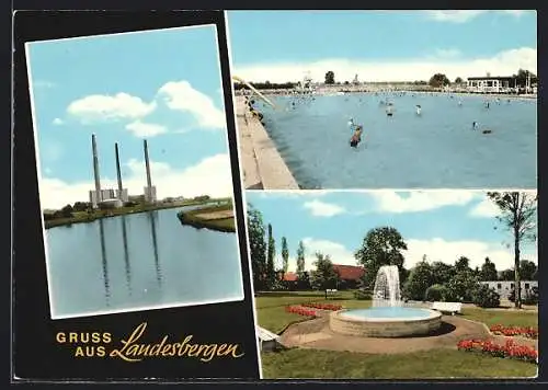 AK Landesbergen, Freibad, Kraftwerk, Brunnen im Park