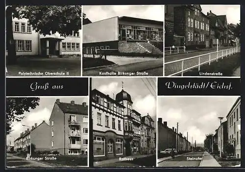 AK Dingelstädt /Eichsf., Kaufhalle Birkunger Strasse, Polytechnische Oberschule II, Lindenstrasse, Steinufer, Rathaus