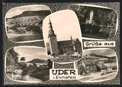 AK Uder i. Eichsfeld, Bahnhof, Kirche und Strassenpartie