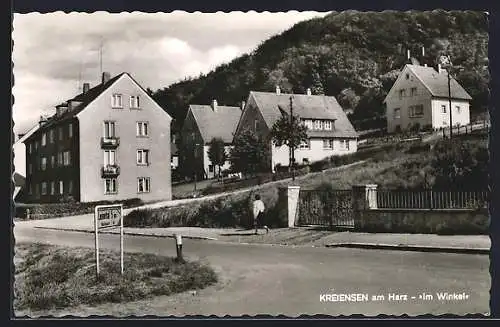 AK Kreiensen am Harz, Strasse im Winkel mit Wohnhäusern