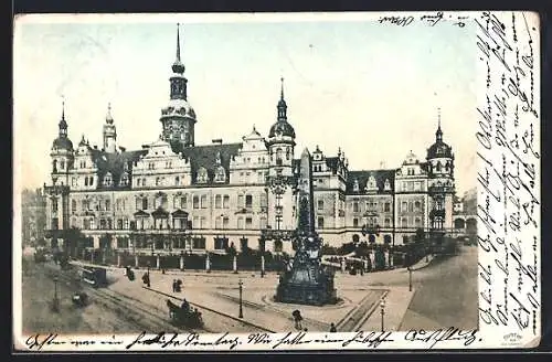 AK Dresden, Blick auf das Residenzschloss mit Obelisk