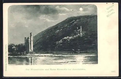 AK Bingen a. Rh., Blick auf den Mäusethurm und Ruine Ehrenfels bei Mondschein