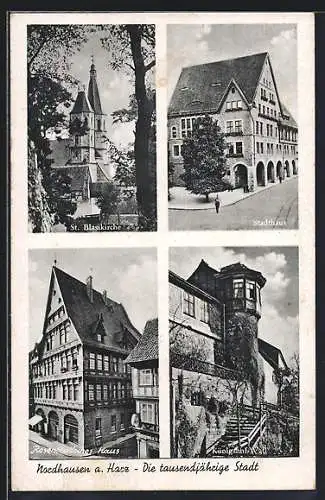 AK Nordhausen / Harz, Rosenthal'sches Haus, St. Blasikirche, Stadthaus, Königshof-Wall