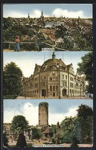 AK Bielefeld, Ortsansicht, Post, Sparrenburg u. Kurfürsten-Denkmal