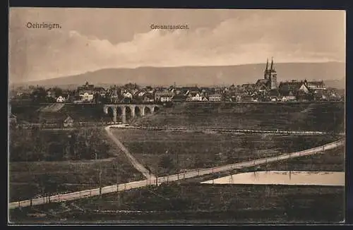 AK Oehringen, Teilansicht mit Landstrasse und Eisenbahnbrücke