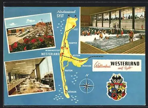 AK Westerland, Wellenbad Westerland, Karte der Insel Sylt