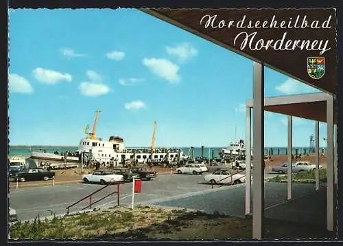 AK Norderney, Hafen mit Schiffen und Autos