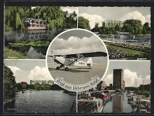 AK Uetersen /Holstein, Hafen und drei Ansichten aus dem Rosarium, Flugzeug