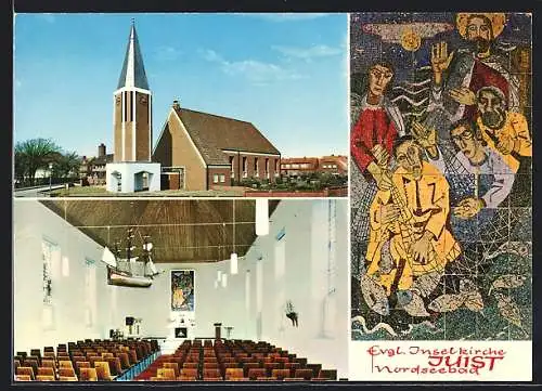 AK Juist, Kirche, Aussen- u. Innenansicht, Mosaik