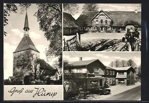 AK Hürup /Flensburg, Edeka-Filiale, Bauernhof, Kirche