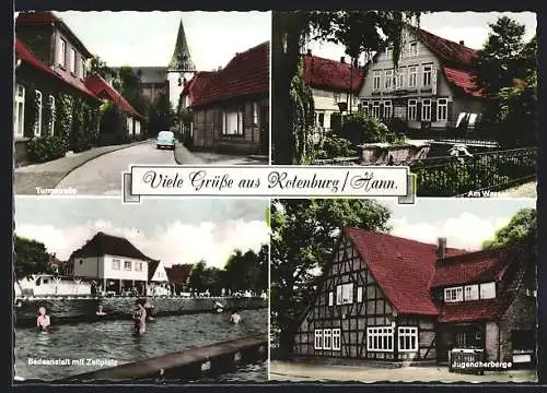 AK Rotenburg /Hann., Turmstrasse, Apotheke am Wasser, Badeanstalt mit Zeltplatz, Jugendherberge